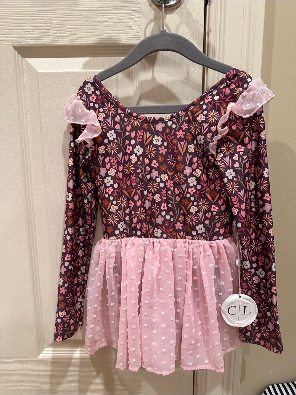 Caden Lane Purple Floral & Pink Swiss Dot Twirl Dress - Picture 2 of 3